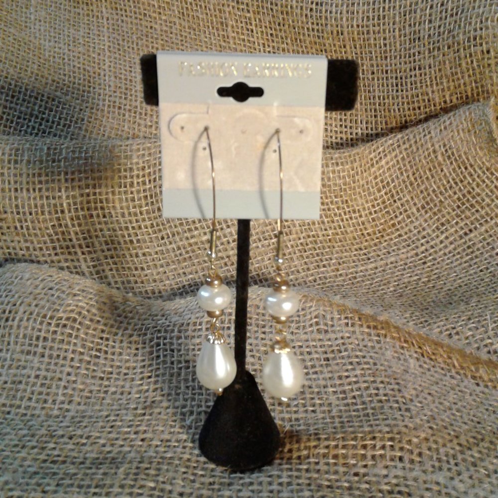 White Faux Pearl  Gold-Tone  Dangle  Earrings
